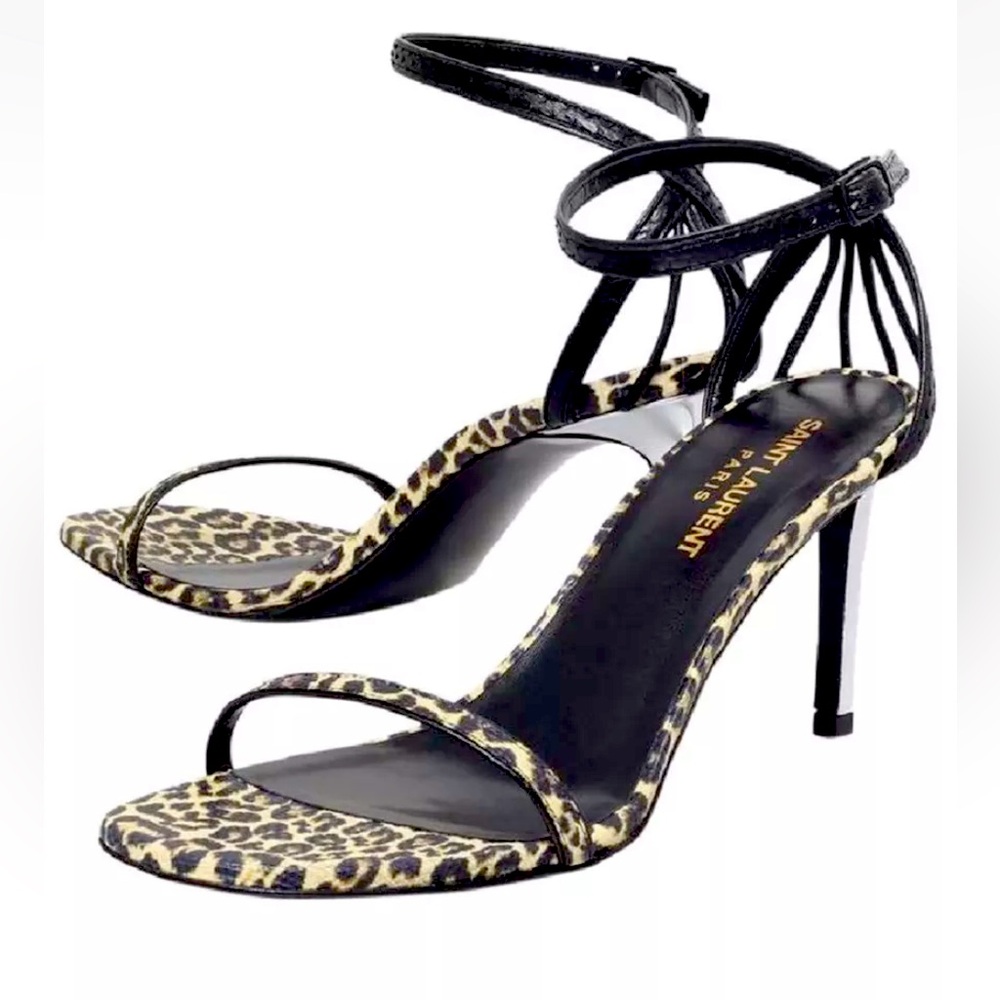 SAINT LAURENT LEOPARD PRINT SANDAL WITH SILVER HEEL NIB Size 38